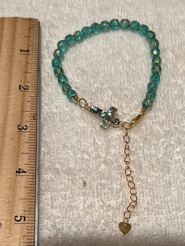 Czech Glass Aquamarine Beads w/Albalone Cross LInk Bracelet NEW Handmade - Picture 5 of 5