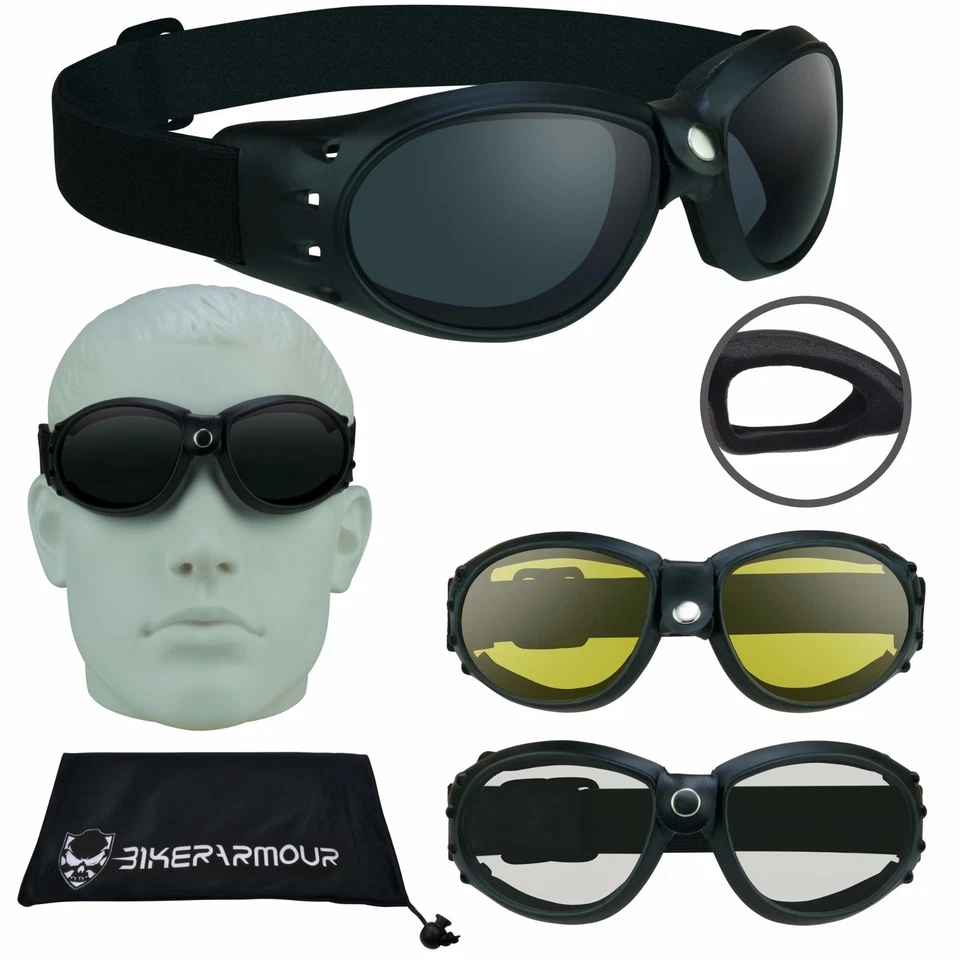 Motorcycle & Sky Diving Safety Goggles Adjustable Strap Ski Clear Yellow Dark - Image 2 of 3