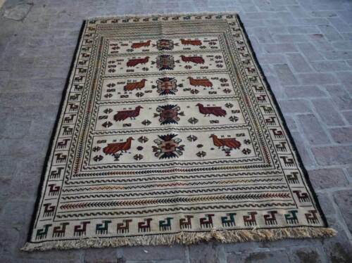 4'3 x 6'7 Ft Vintage handmade afghan soumak kilim rug, Tribal pictorial rug, 4x6 - Zdjęcie 1 z 10