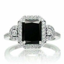 3.10CT Emerald Cut Genuine Black Onyx Engagement Halo Ring 14K White Gold Finish