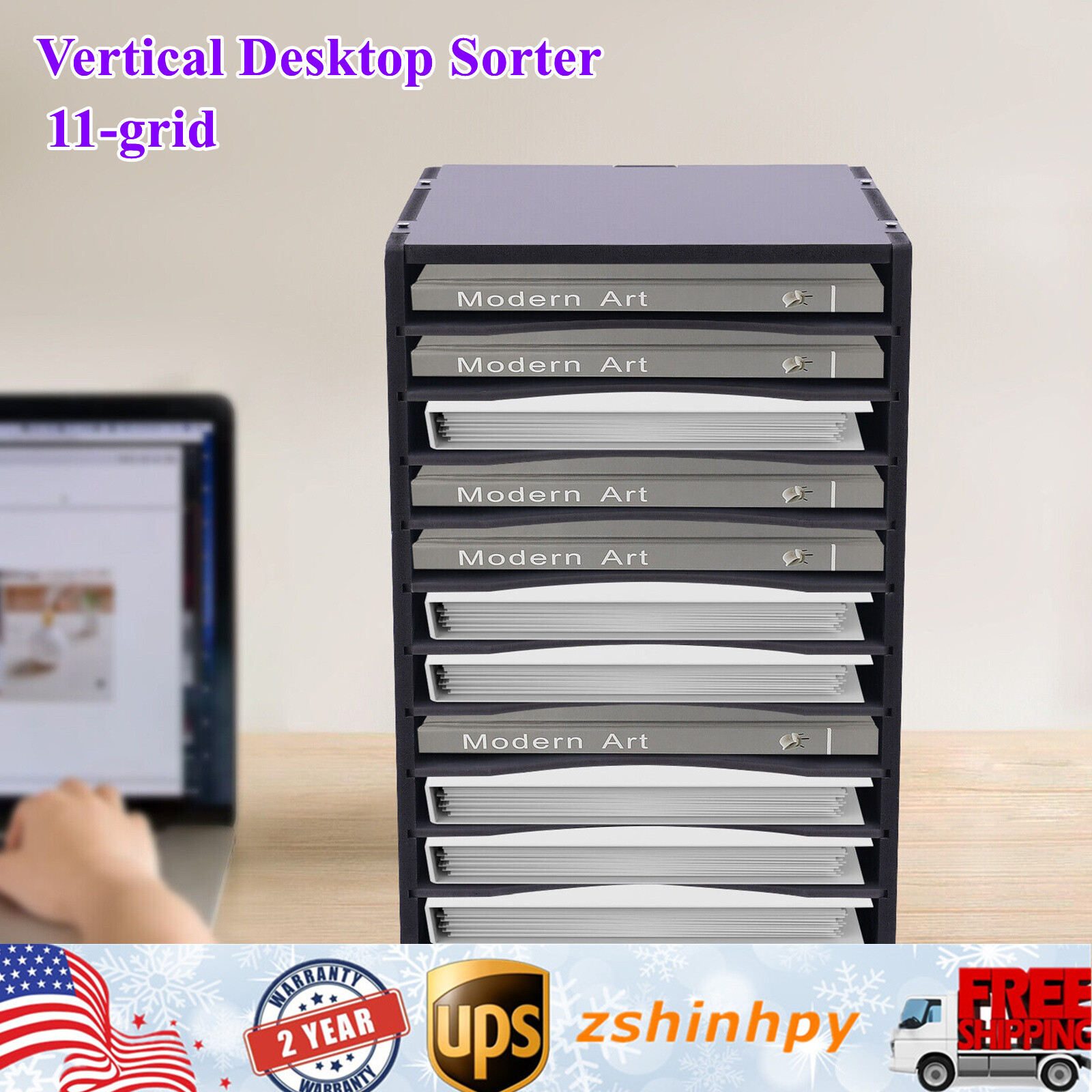 Wooden Vertical Desktop Sorter with 11 Compartments for Office Organization-image