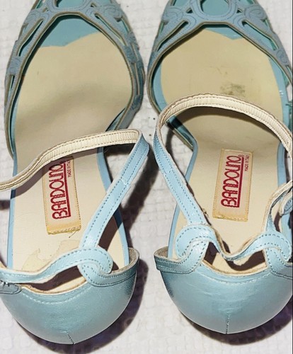 Vintage BANDOLINO Baby Blue Leather Lattice Heels Pumps Dirty Dancing Shoes - Picture 7 of 10