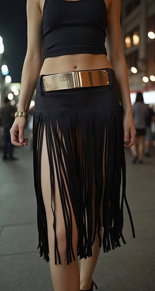 Mujeres Negro Envolvente Largo Flecos Borla Sexy Falda Cinturón Placa de Metal Dorado S M Foto 4 de 4