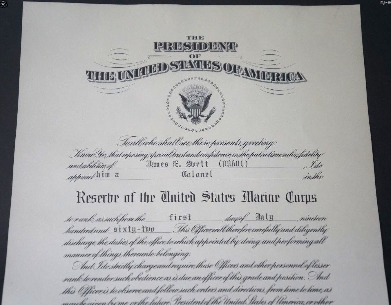 JAMES E SWETT US Marine RARE Colonel Promotion Certificate WWII Ace 15.