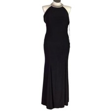 Mac Duggal Body Con Gown Dress Womens 12 Black Beaded Halter Jersey Maxi NEW