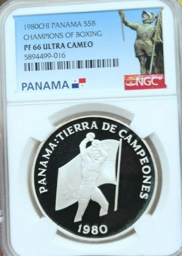 1980 PANAMA SILVER 5 BALBOAS CHAMPIONS OF BOXING NGC PF 66 ULTRA CAMEO SCARCE