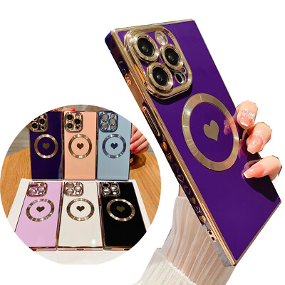 For iPhone 16 15 14 13 12 11 Pro Max Plating Love Pattern MagSafe Magnetic Case