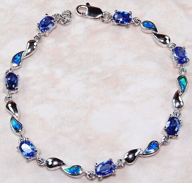 Blue Sapphire & Australian Opal Inlay 925 Sterling Silver Tennis Bracelet