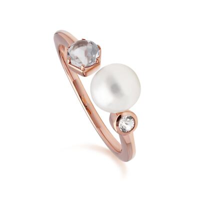Moderner offener Ring mit Perle & weißem Topas in rosévergoldetem Sterlingsilber