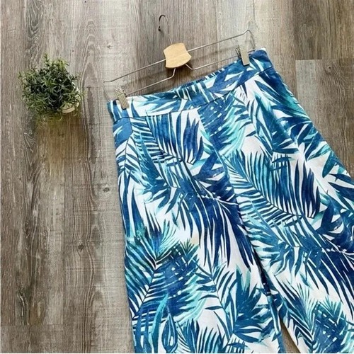Chelsea & Theodore Blue Palm Linen Blend Cropped Palazzo Pants Sz 6 - Picture 3 of 7