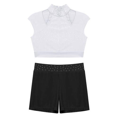 Kids Girls Outfit Active Shorts Sleeveless 2 Piece Sequins Crop Top Mock Neck - Picture 71 of 85