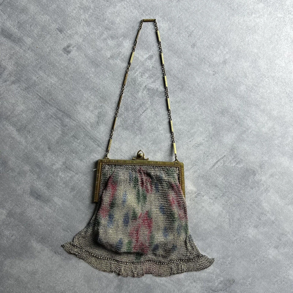 Gorgeous Antique 1920s Whiting & Davis Flapper Purse Floral Mesh Bag w/ Mirror - Image 2 of 4
