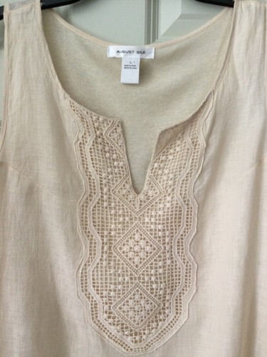 August Silk Linen Bl Blouse Tunic L Ivory Lace V-Neck Sleeveless Boho Beachy - Picture 3 of 14