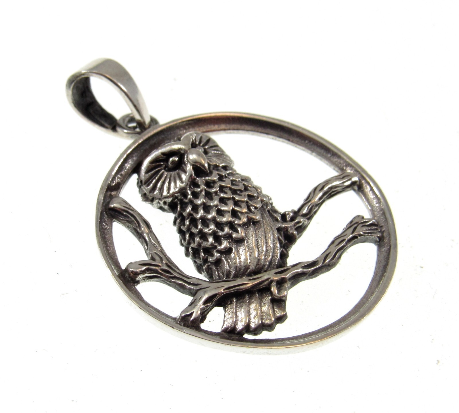 Solid 925 Sterling Silver Owl Perched on Branches Pendant, Forest Nature Jewelry