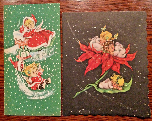 2 Vintage MCM Eve Rockwell Cheerie Cherubs Christmas Cards Used