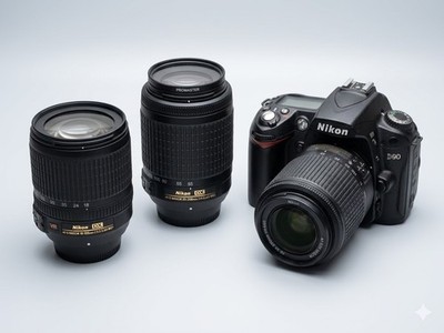 Nikon D90 DSLR Camera Bundle w/ Battery & 3 VR Lenses (18-105mm, Two 55-200mm)