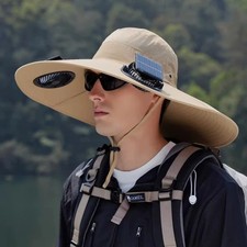 Solar USB Fan Sun Hat Cooling Wide Brim Fishing Hiking Outdoor Cap NEW