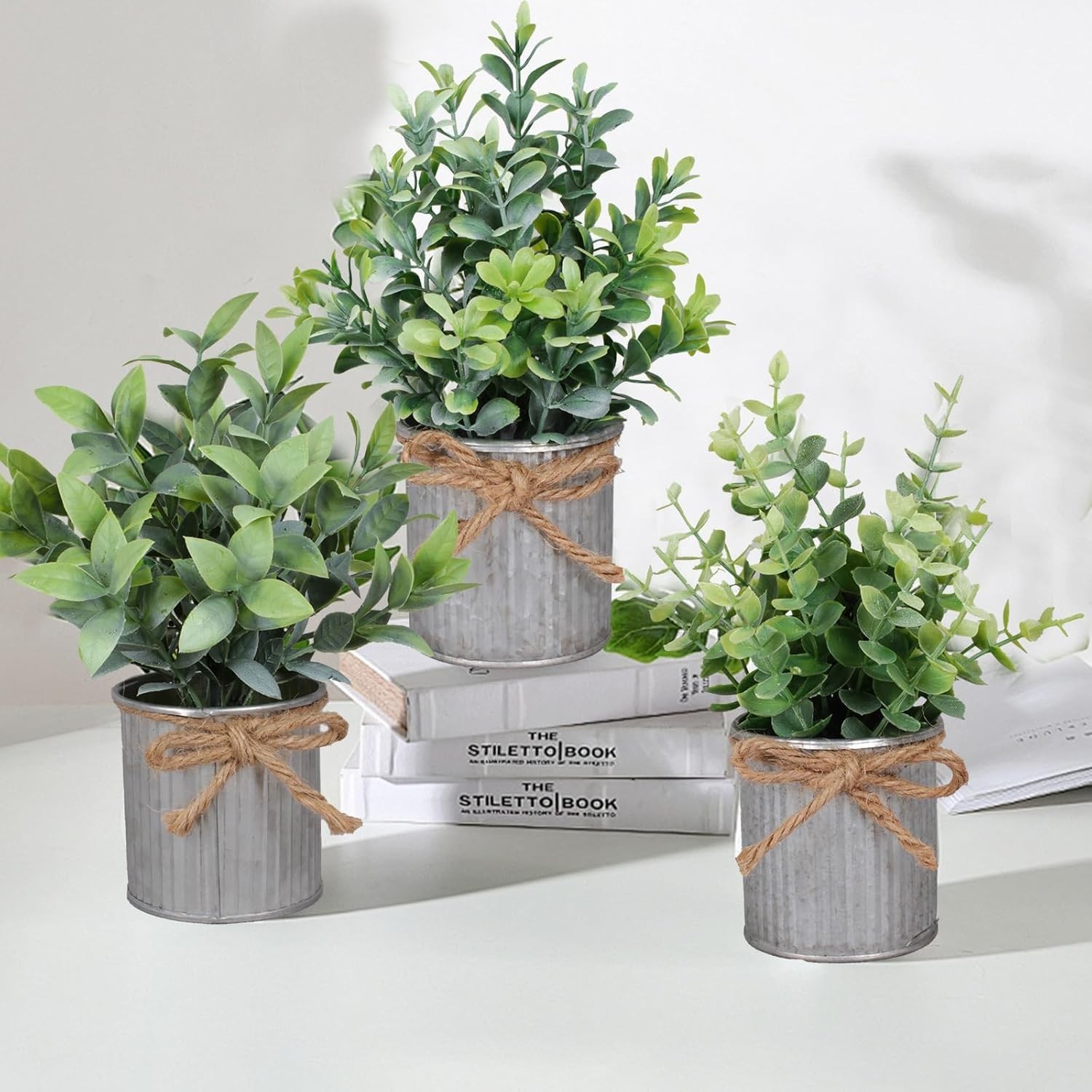 Small Artificial Plants Set of 4 Fake Potted Plant with Iron Pot Mini Greenery D