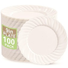 U-QE 100 Count 9 Inch Ivory Plastic Plates for Party - Scalloped Disposable D...
