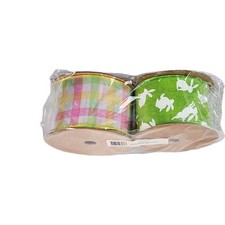 2 Spools 10 Yards Each 2.5" Wired Ribbon Easter Plaid All Over Bunny Print New