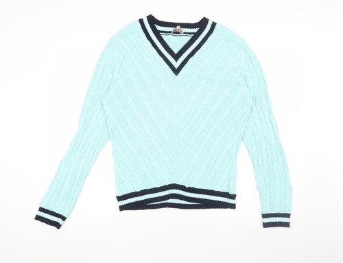 CC Damen Pullover blau Zopfmuster V-Ausschnitt Größe L - Bild 1 von 12