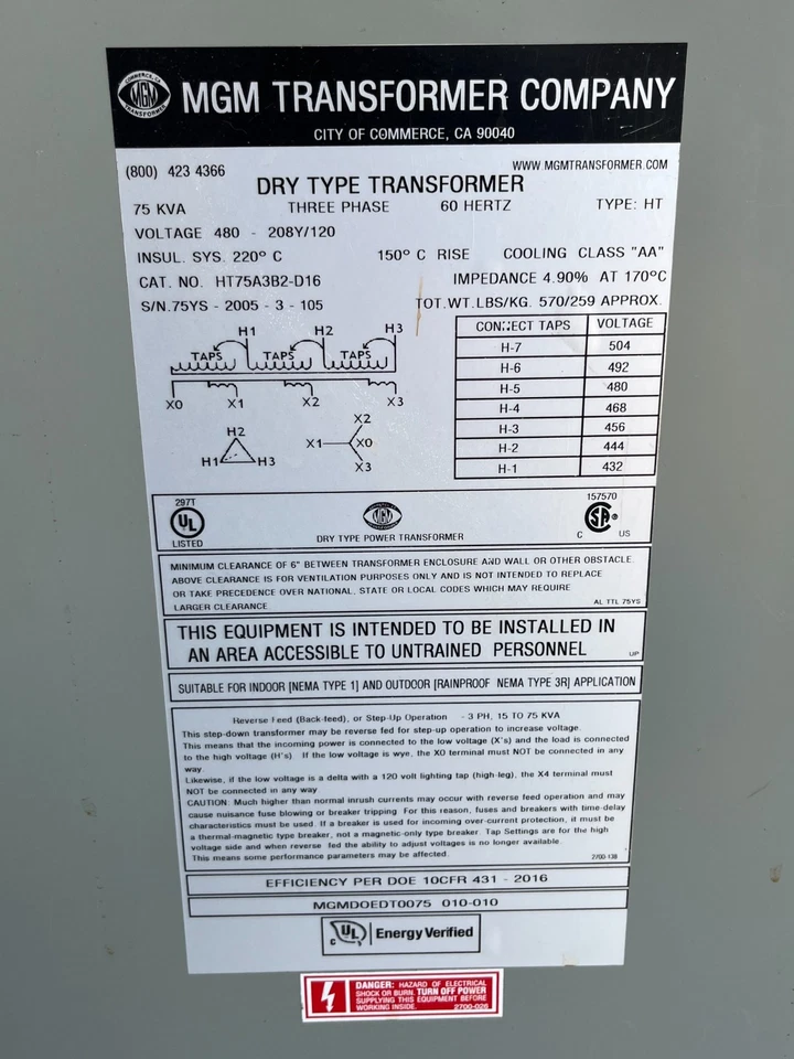 TRANSFORMADOR 3PH MGM HT75A3B2-D16 75KVA PRI.480 SEC.208/120 Foto 2 de 3