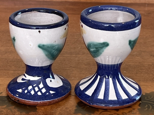 Damariscotta Art Pottery Maine Floral Hand Painted Footed Egg Cups Set of 2 - Picture 3 of 5