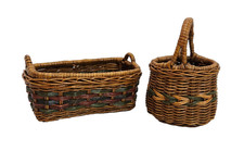 Lot of 2 Dark Brown with Color Vintage Mini Wicker Boho Baskets with Handles