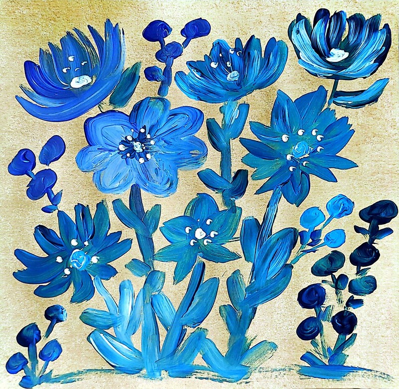 Blue Flowers Contemporary Expressionist Original Acrylic Painting 12x12 Signed