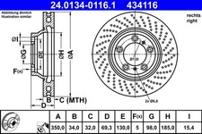 1x ATE Bremsscheibe 24.0134-0116.1 für PORSCHE 911 997 Turbo