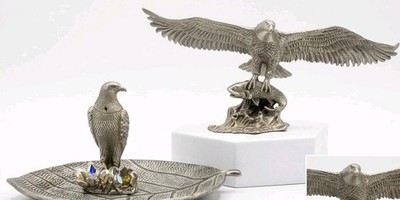 2 Vintage Fine Pewter American Bald Eagles- Catching Salmon Fish & W/ Crystals