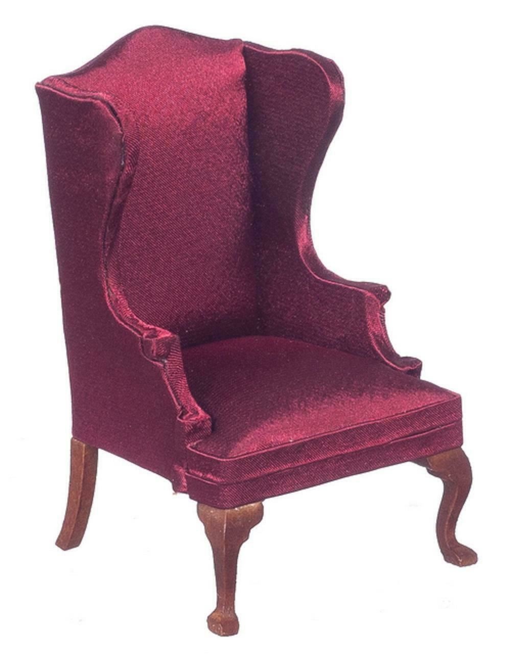Dolls House Burgundy & Walnut Wingback Fireside Armchair Living Room Furniture