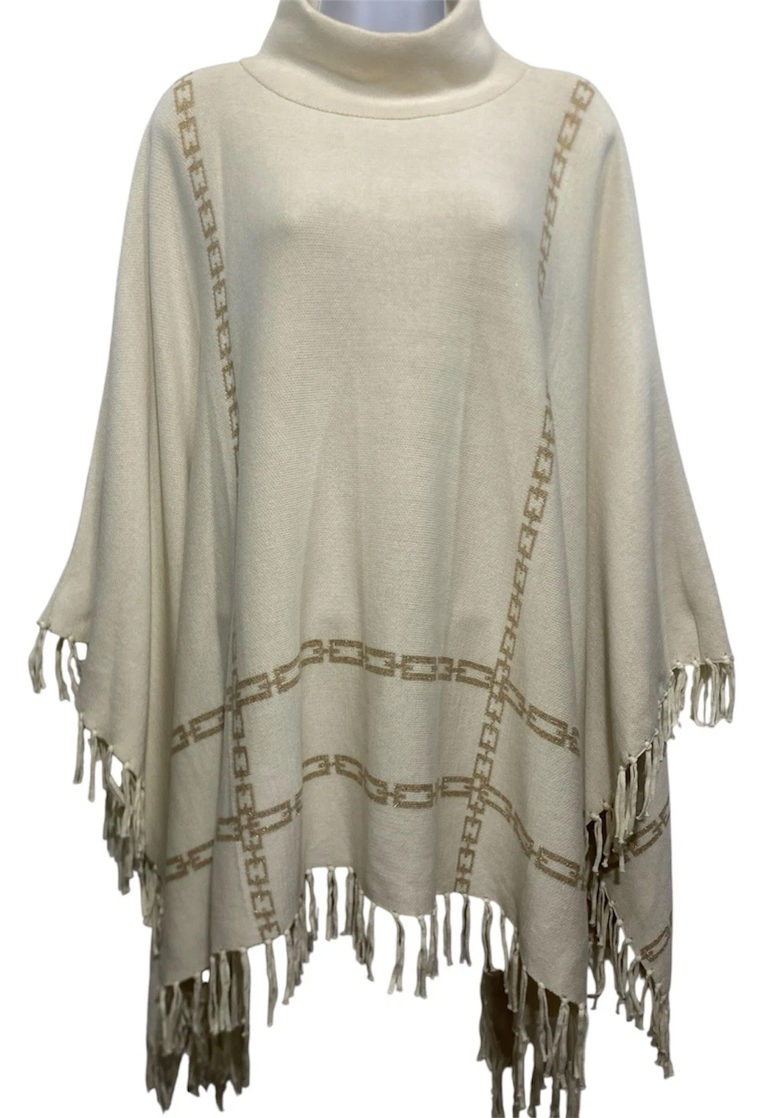 J Mclaughlin Garnet Fringe Poncho O/S Cream Gold Chain Print Mock Neck Pullover