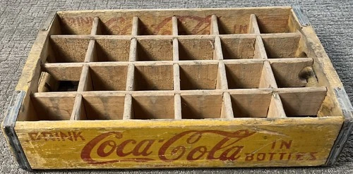 Coca-Cola VTG 24 Bottle Yellow Red Lettering Soda Pop Wooden Crate