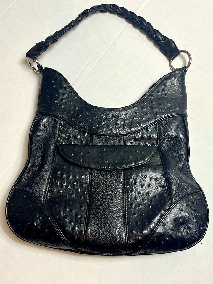 Y2K Isabella Adams Ostrich Embossed Genuine Leather Chunky Shoulder Bag Braided - Image 2 of 4
