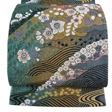 Japanese Kimono Fukuro obi excellent item flowers running water foil gold