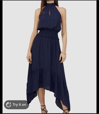 1.STATE Women's Elegant Navy Halter High Low Midi Dress Size S EUC Evening Event