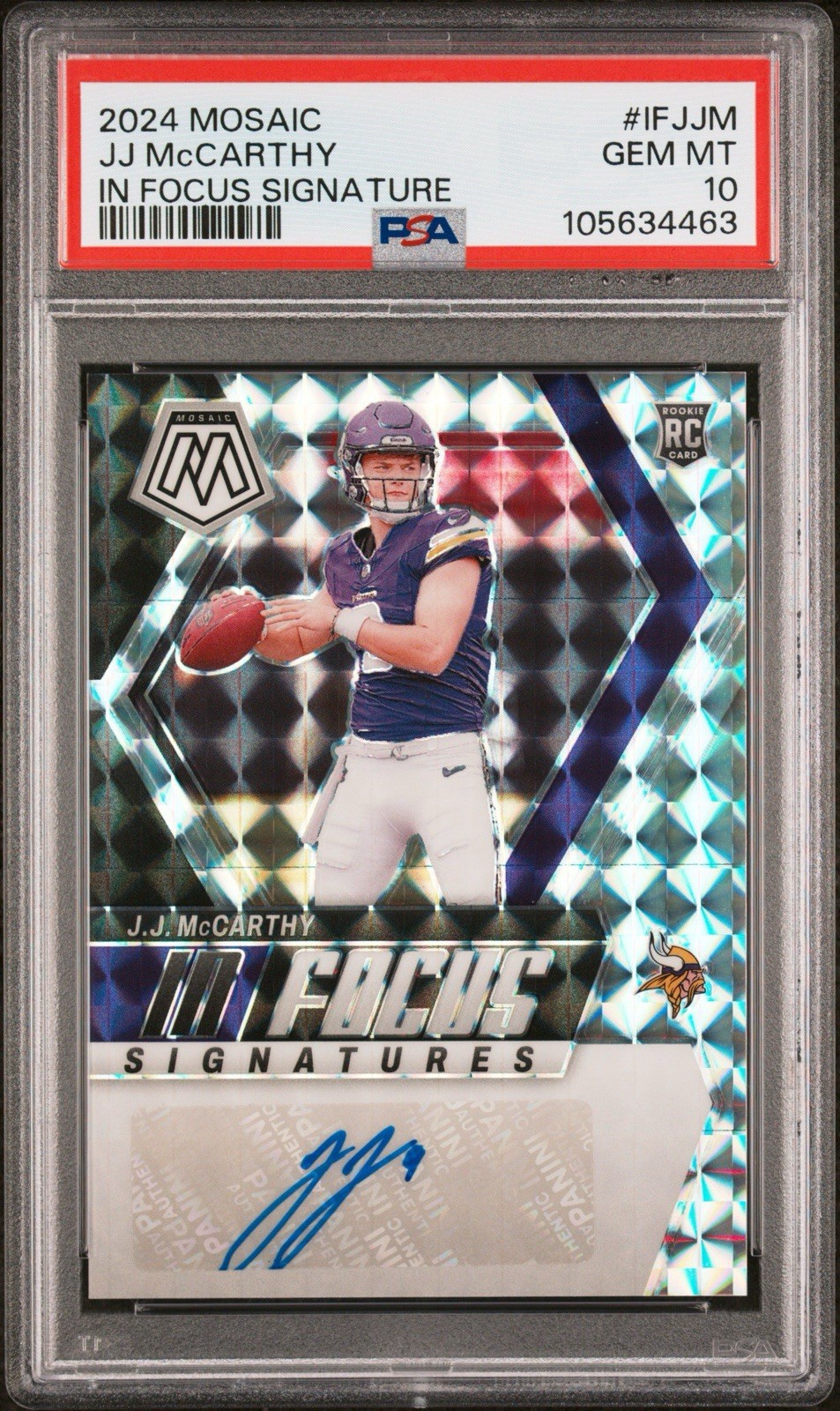JJ MCCARTHY PSA 10 2024 MOSAIC ROOKIE IN FOCUS SIGNATURE AUTO