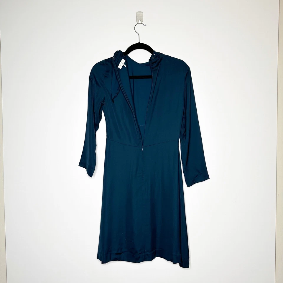 NUEVO Vestido Sandro Tachonado Cuello Lazo Mezcla Seda Para Mujer Verde azulado Talla 38 Foto 4 de 4