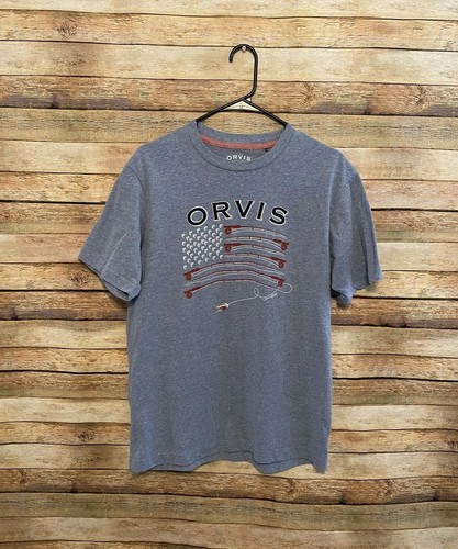Orvis Shirt Mens Medium Blue Short Sleeve Graphic Tee USA Flag Fishing Outdoor