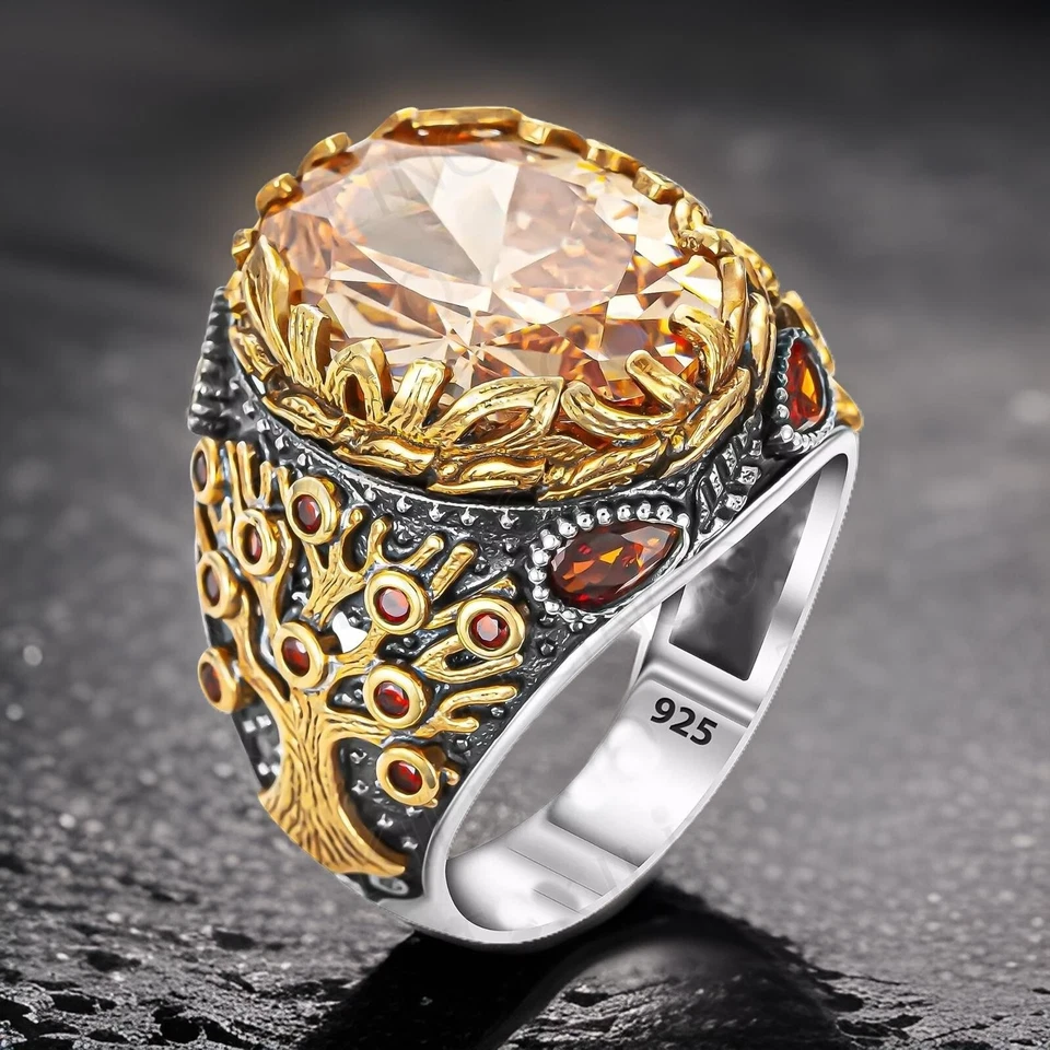 Anillo Árbol de la Vida para Hombre Joyería de Plata Esterlina Piedras Preciosas Citrino Talla 7-15 Foto 2 de 4