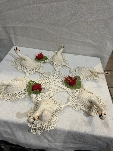 Vintage Hand Crochet 6 SWAN CENTREPIECE Doilies Swans Crochet 