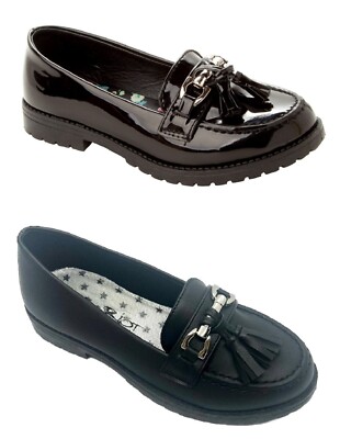 GIRLS SCHOOL SHOES BLACK SLIP ON TASSEL LOAFERS KIDS BACK TO SCHOOL UK SIZE  13-5 UK