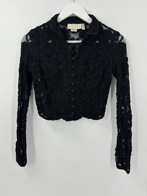 Cache Jacket Womens Medium Black Sheer Beaded Button Front Mesh Collar Floral