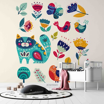 3D Cat Bird Flower Butterfly Cartoon Wallpaper Wall Murals Removable Wallpaper