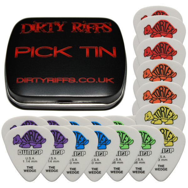 24 x Dunlop Tortex Wedge Guitar Picks / Plectrums - 4 Of Each In A Pick Tin