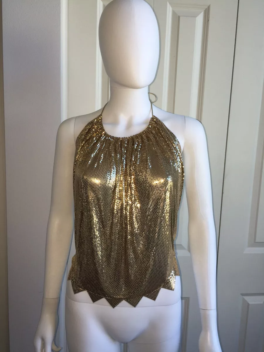 VINTAGE 70s 80s WHITING & DAVIS GOLD METAL MESH DISCO CLUB HALTER TOP M  *AMAZING