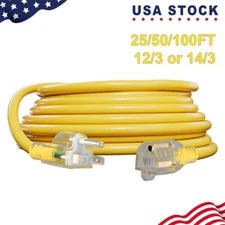 25/50/100ft Yellow Outdoor Extension Cord, 12/3 or 14/3 SJTW Lighted Durability
