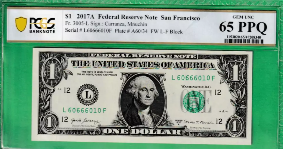 $1  Federal Reserve note PCGS 65  BINARY FLIPPER Serial Numbers  60666010 - Image 2 of 3