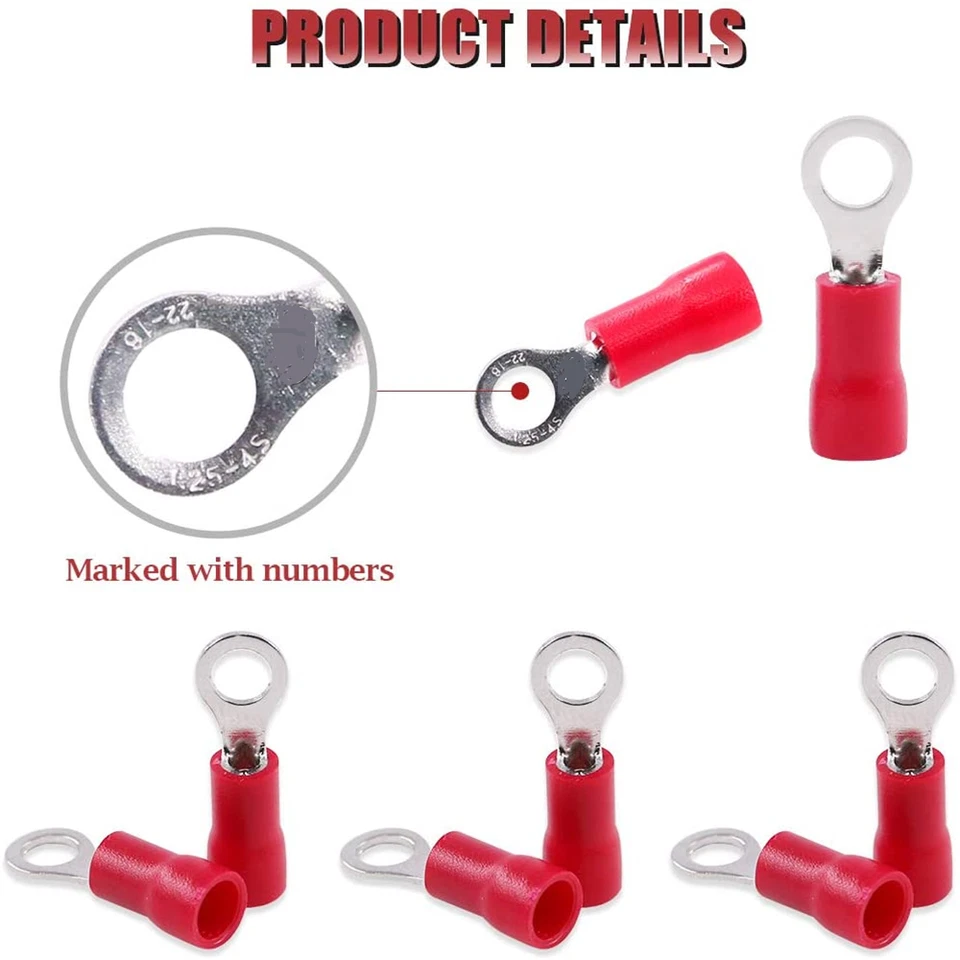 200-50Pcs RV1.25-6 Ring Insulated Wire Connector Electrical Crimp Terminal Red - Image 4 of 4